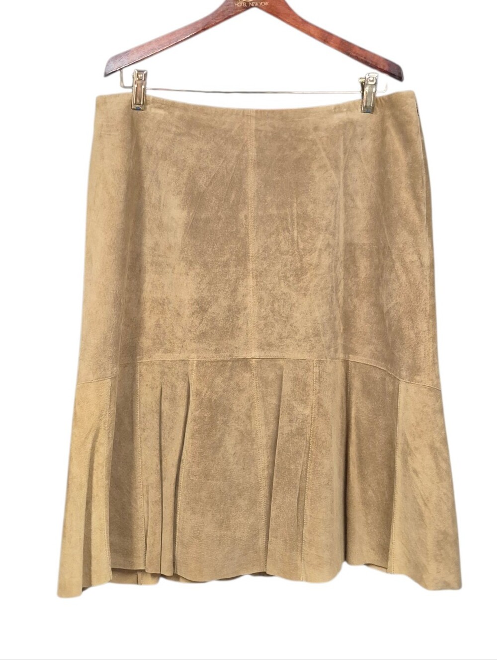 Alfani Suede A-Line Skirt Tan Pleated Bottom Panel Women's Size 14 Lined